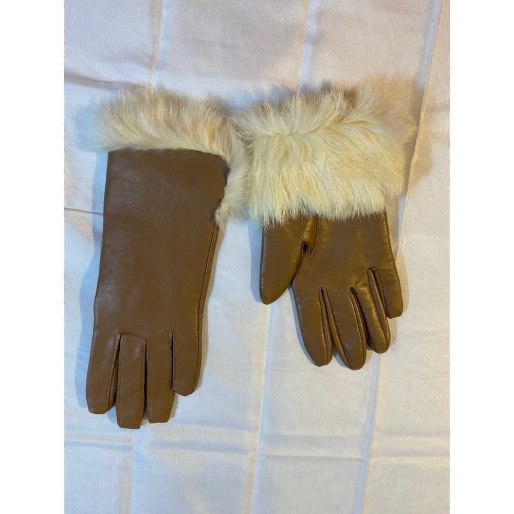 Vintage Women's Van Raalte Brown Vinyl Gloves White‎ Fur Trim Size S